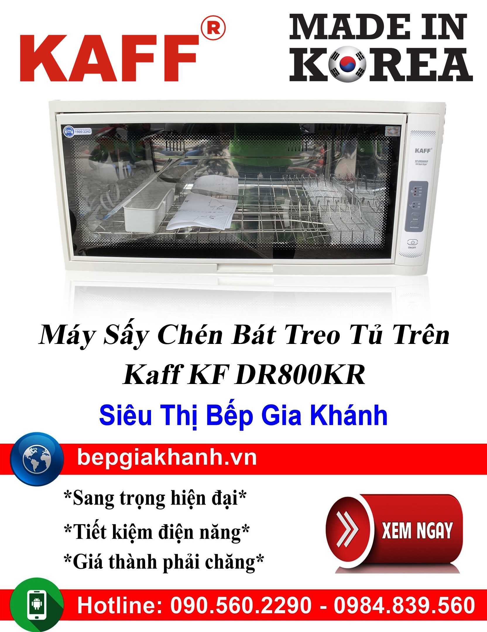 Máy sấy chén Kaff KF-DRD800KR - Xám, 798x400x320mm, treo tủ kệ hoặc lắp âm