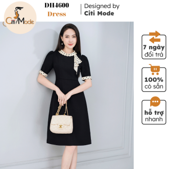 Đầm công sở CITI MODE FASHION thiết kế dáng xoè đen cổ tròn phối hoạ tiết chấm bi DH4600