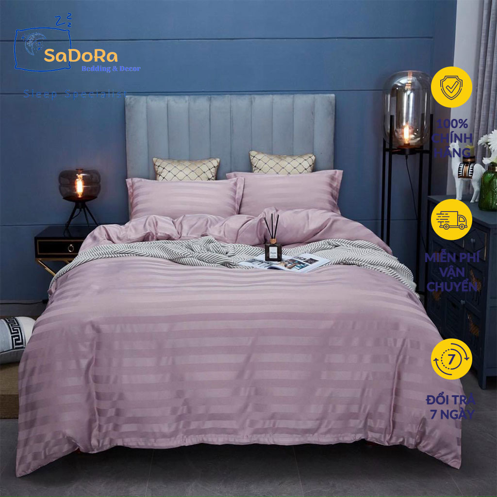 Bộ chăn ga gối nệm cotton tici 3f sọc drap giường phi bóng cao cấp bo chun drap - sadora bedding