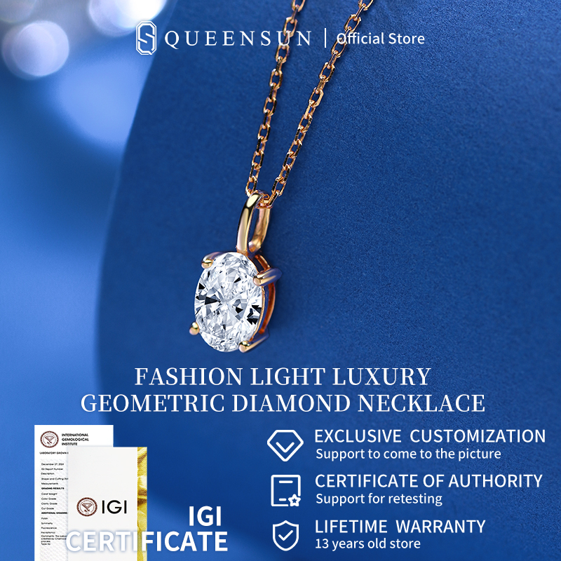 QUEENSUN 18K gold cultivated diamond shaped single diamond pendant with Oval diamond necklace for women椭圆形钻石项链