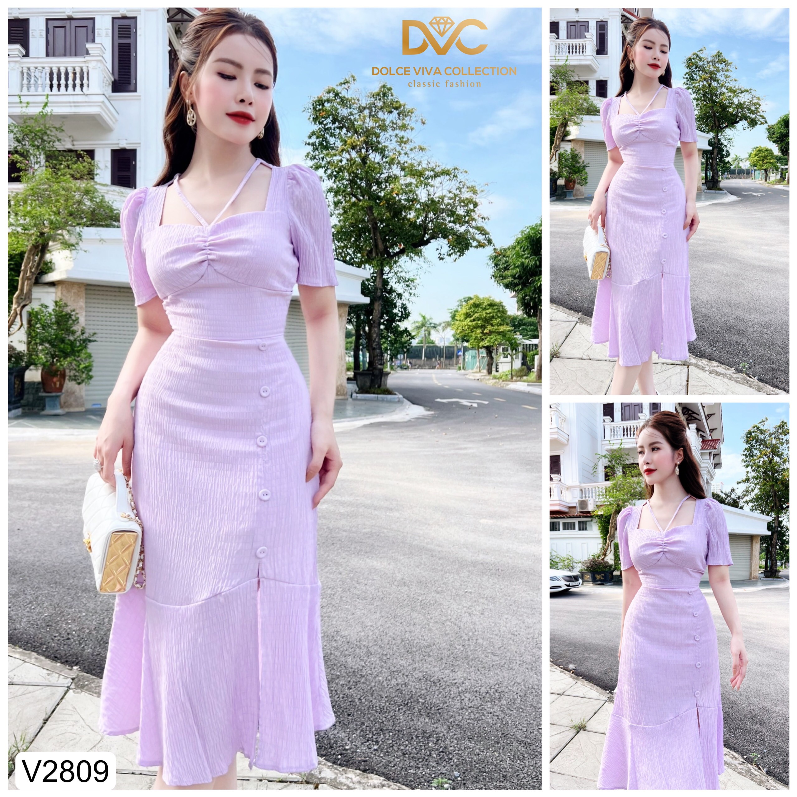 Váy tím cổ vuông đính cúc v2809 - dolce viva collection