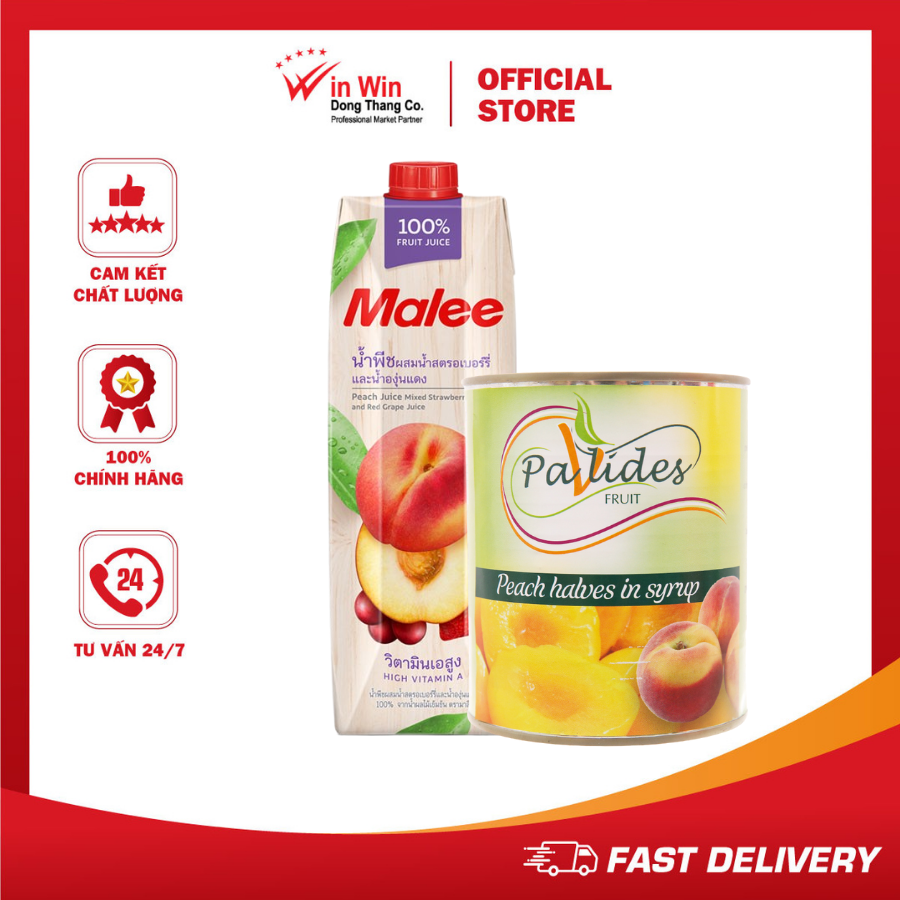 Combo 1 hộp nước ép đào và trái cây hỗn hợp malee 1l + 1 lon đào ngâm đường pavlides 820g