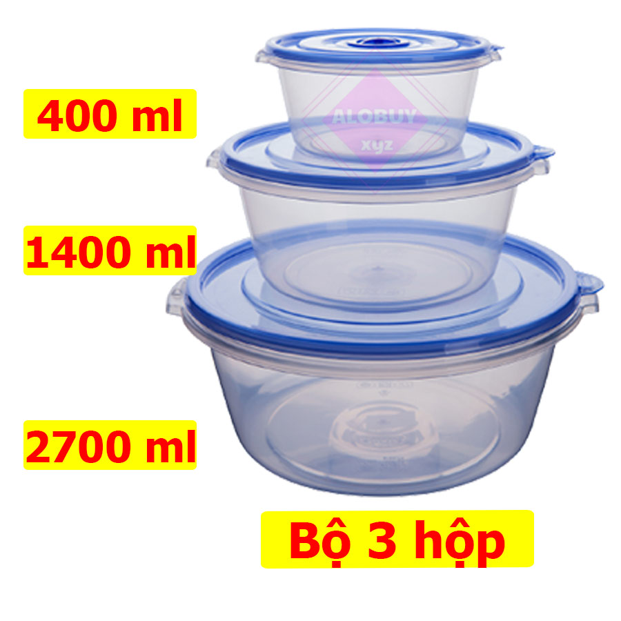 Bộ 3 hộp nhựa đựng thực phẩm tròn cao cấp dung tích lớn 400ml 1400ml 2700ml có nắp đậy- 3HTP-272829