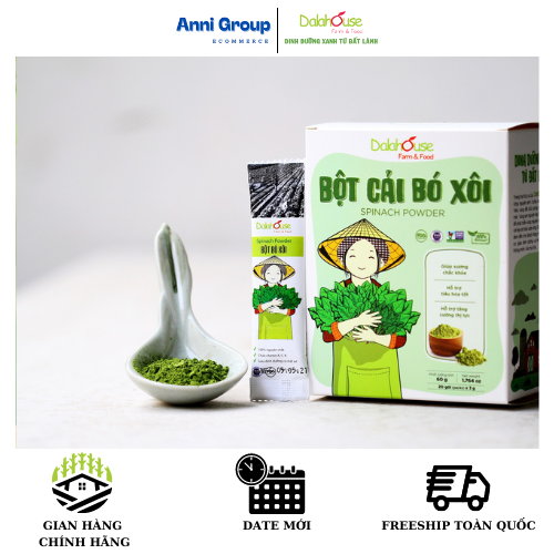 Dalahouse Bột Rau Củ Sấy Lạnh - Bột Cải Bó Xôi Từ Cao Nguyên Xanh Lâm Đồng - Dinh Dưỡng xanh từ rau củ, dùng kèm mật ong, màu thực phẩm tự nhiên Hộp 60g x20 gói- NPP ANNI GROUP