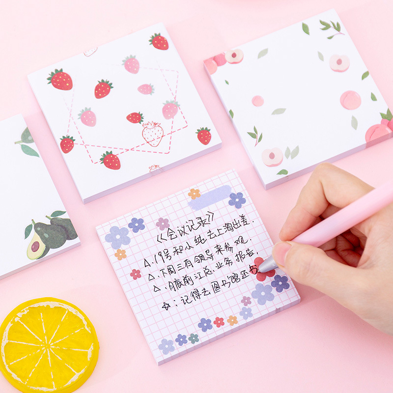 Giấy note, giấy ghi chú hình vuông 8cm x 8cm, họa tiết hoa, trái cây