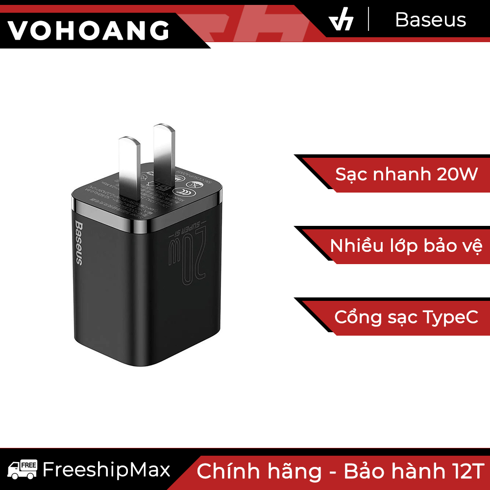 Sạc nhanh pd 20w baseus super si cổng sạc type-c, pd 20w, qc 3.0, chân dẹt
