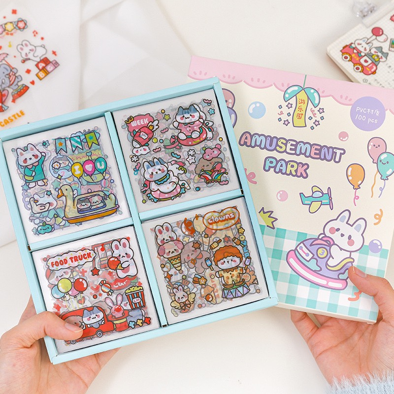 Set 100 tấm sticker nhãn dán trang trí sổ tay bìa sách chủ đề Amusement Park