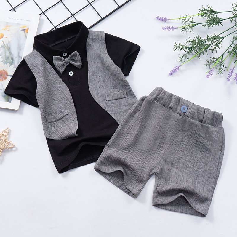 bộ quần áo trẻ em, đồ bộ em bé thời trang quần đùi ngắn tay giả gilê có nơ , áo may liền như hình, chất mềm mịn mặc rất mát mùa hè. Mã - T10