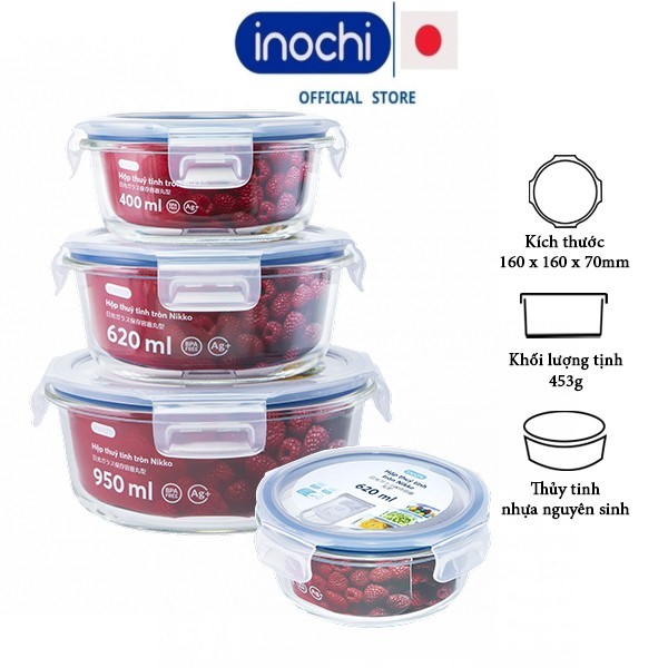 Hộp Trữ Đông, hộp tròn thủy tinh Inochi Đựng Thực Phẩm Nikko Đựng Đồ Ăn Thức Ăn Bảo Quản Thực Phẩm