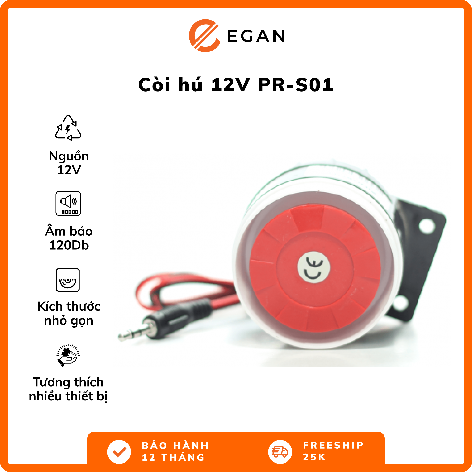 Còi hú 12V Chuông Chống Trộm Loa Báo Trộm Loa Chống Trộm PINGRON PR-S01 - Âm báo ≥ 120Db sử dụng nguồn 12V tương thích hầu hết các loại trung tâm kích thước 60*50*50mm