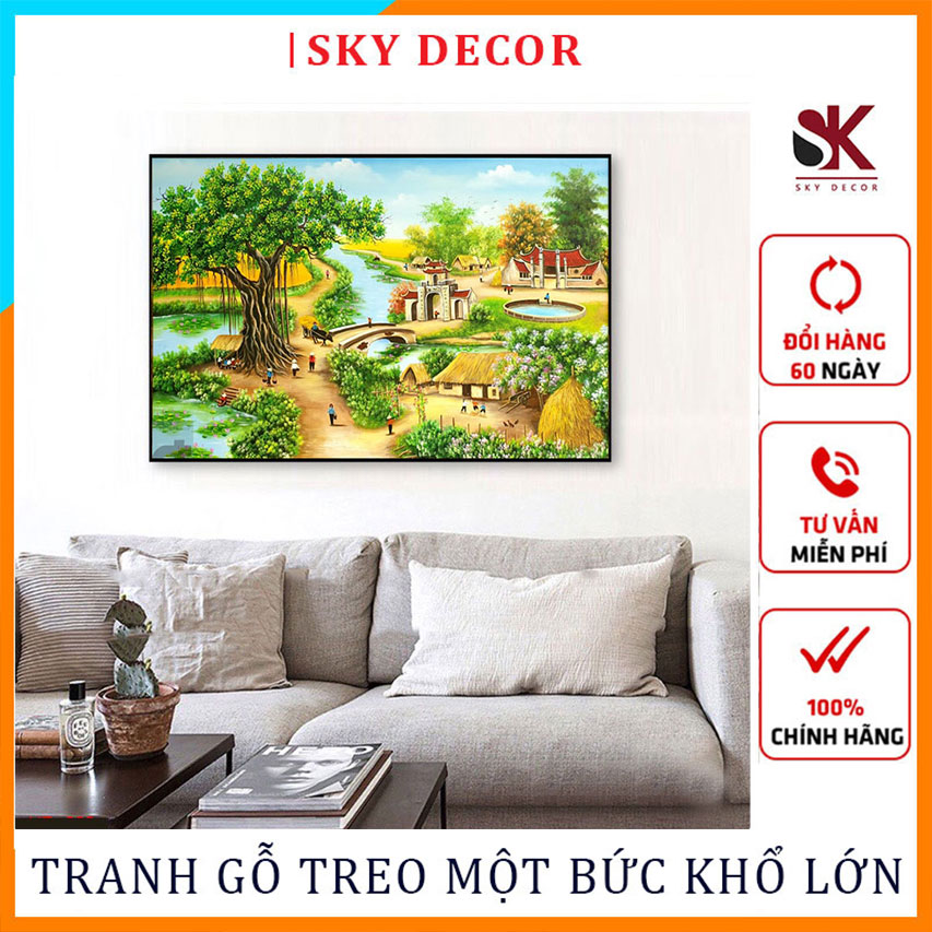 Tranh treo tường gỗ khổ lớn treo một tấm, tranh đồng quê việt nam đẹp, tặng kèm đinh treo