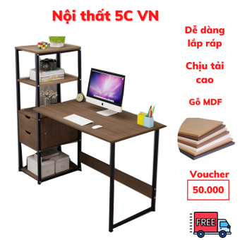 Bàn làm việc liền kệ sách có ngăn kéo D-Table ( Chất liệu gỗ nguyên tấm MDF chống trầy xước mặt bàn, chống ẩm môc và ko bám bẩn lại dễ lau chùi Thiết kế mặt bàn được bo tròn các góc )