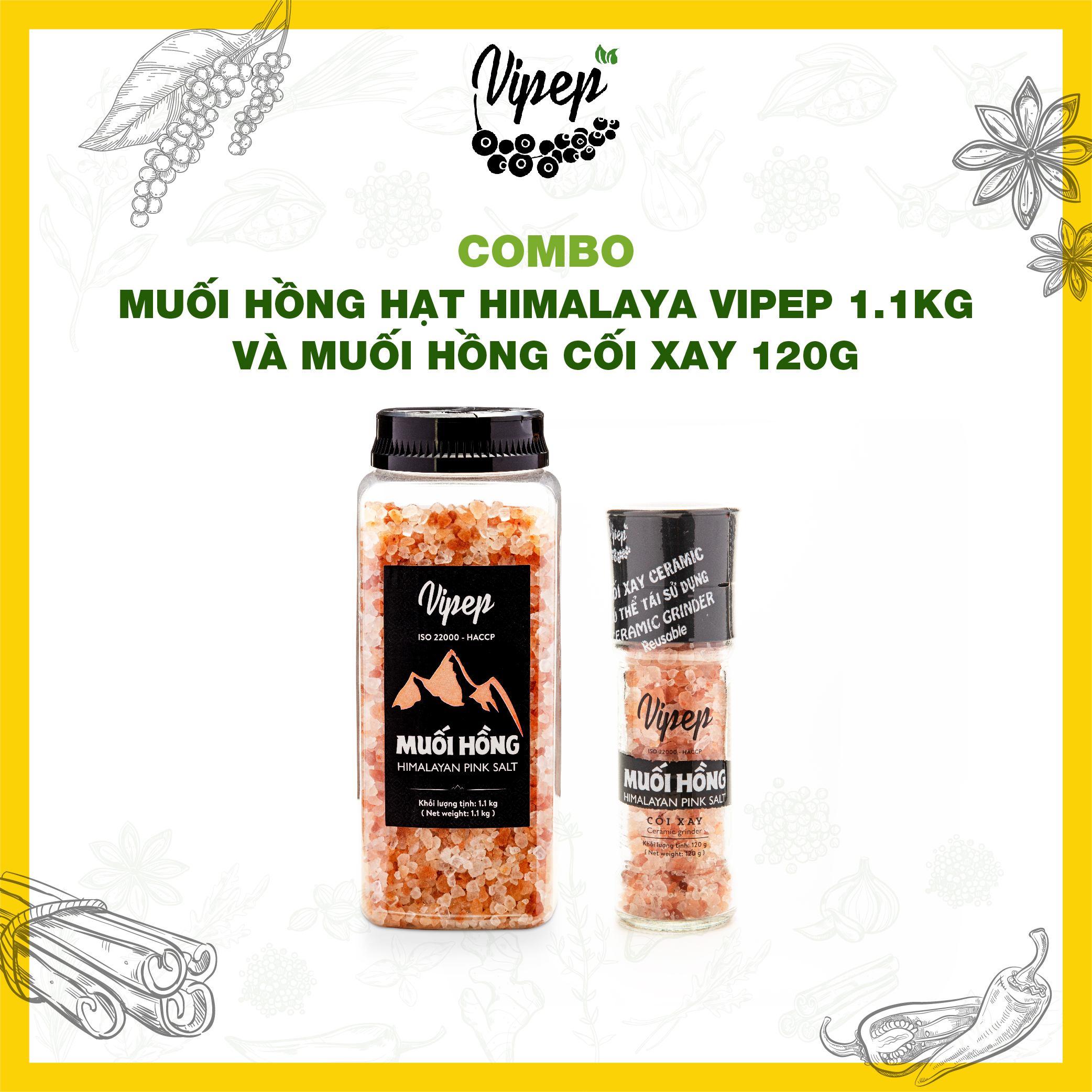 [HCM]Muối Hồng Himalaya 1.1kg  Hạt tặng Cối xay Muối hồng Vipep