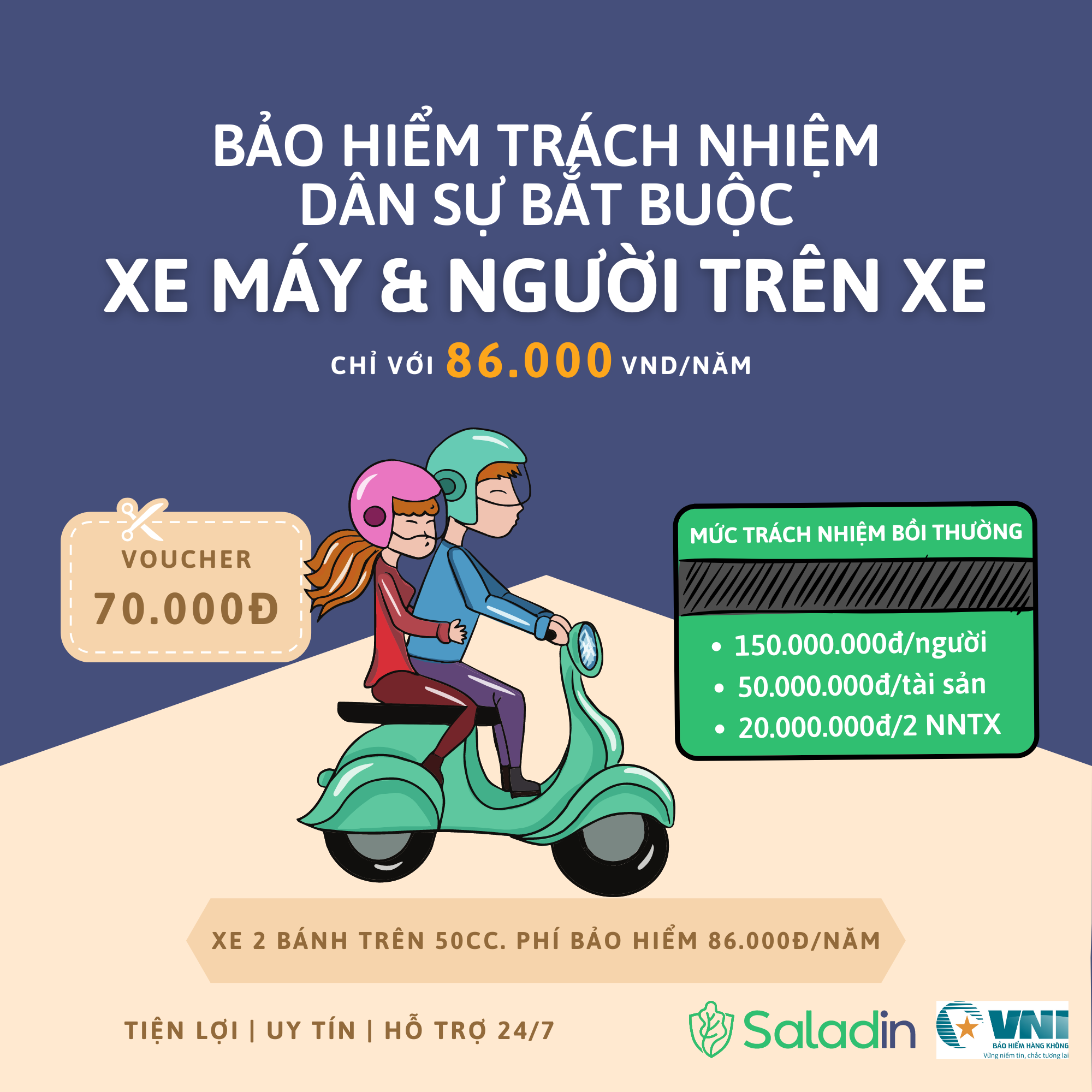 Bảo hiểm VNI 1 năm cho xe máy trên 50cc - Thẻ bảo hiểm điện tử Saladin