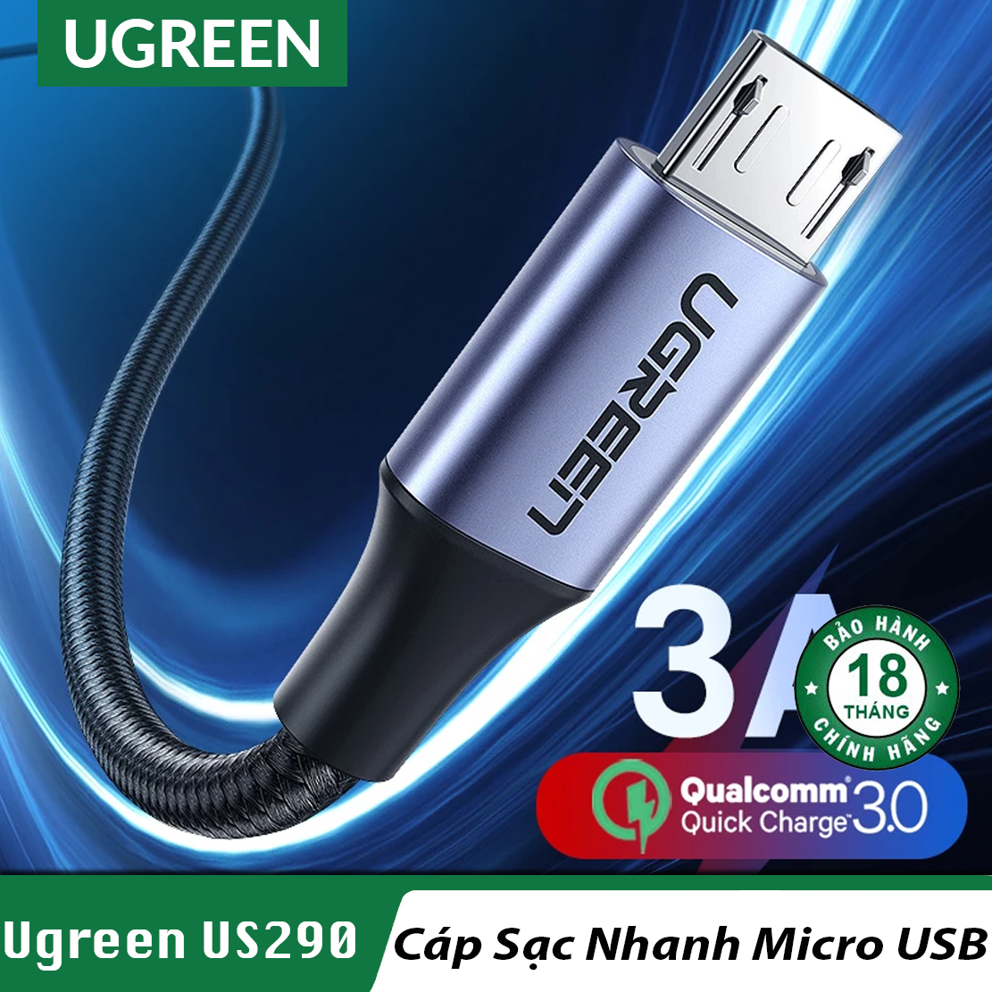 Cáp sạc nhanh 3a qc 3.0 cổng micro usb ugreen us290 - dây bện lưới bh 18t chính hãng