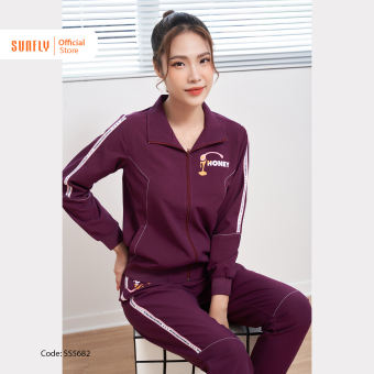 Bộ Đồ Mặc Nhà Nữ Thể Thao Đũi Gân SUNFLY Áo Kéo Khóa Không Mũ Tay Dài Quần Dài SS5682