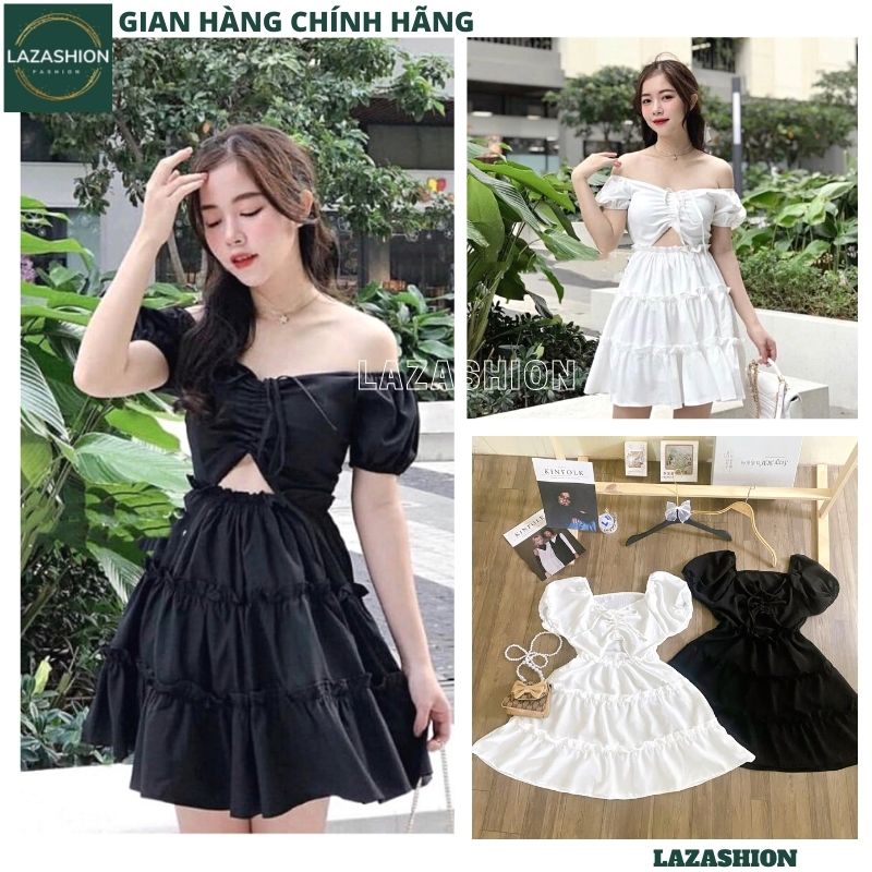 Đầm trễ vai tay bồng rút ngực khoét eo 2 mầu kiểu dáng hàn quốc tiểu thư bánh bèo dễ thương , váy công chúa , ulzzang vintage ,váy công chúa trễ vai -LAZASHION