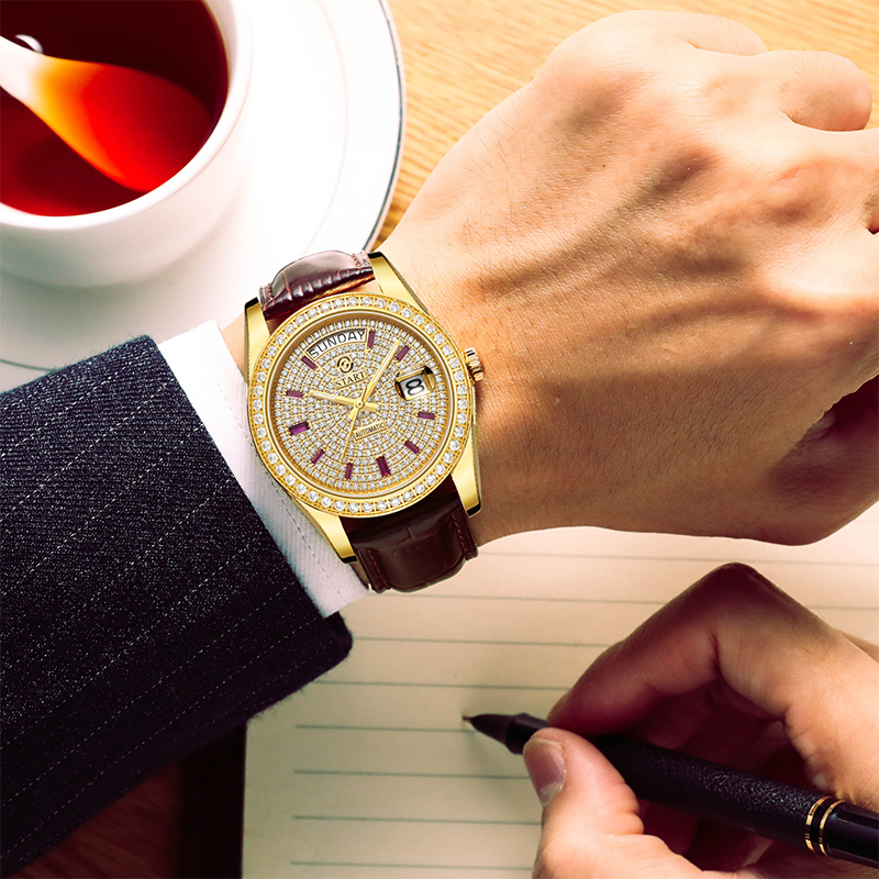 【START】Gypsophila watch fashion men's watch diamond dial automatic mechanical watch leather watch waterproof date week function ราคา 18,789 บาท*ส่งฟรี