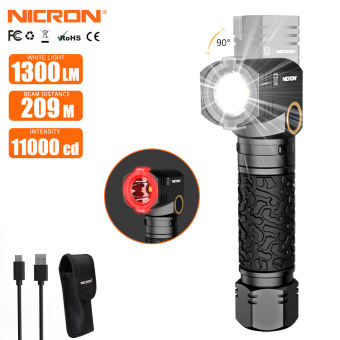 Nicron Đèn Pin B71T,Nicron Xoay 90 Độ Với 1300lumens Độ Sáng Cao 209 Khoảng Cách Chiếu Xa 18650 Đèn Pin Sạc, Đèn Pin Chiếu Sáng Trắng & Đỏ Kích Thước Nhỏ Gọn Cho Ourdoor EDC Đi Bộ Đường Dài Cắm Trại Leo Núi
