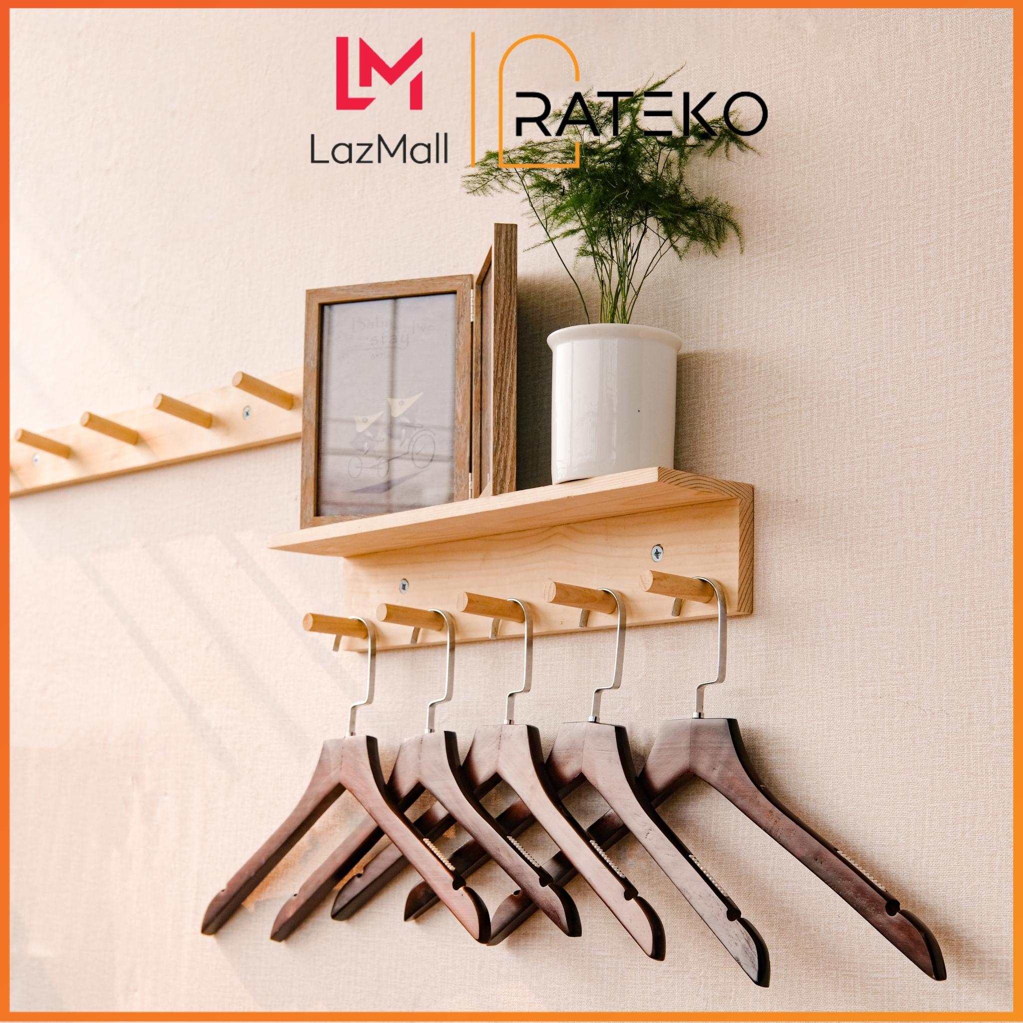 Kệ gỗ treo tường có móc treo quần áo RATEKO, Giá gỗ trang trí nhà cửa, Homestay, quán cafe, shop quần áo