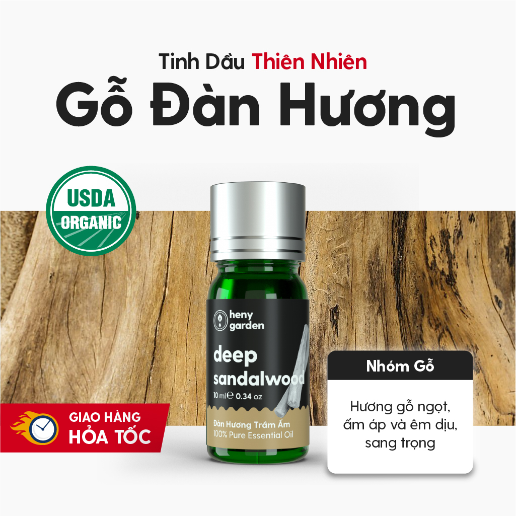 Tinh Dầu Đàn Hương Organic Thiên Nhiên Nguyên Chất Đậm Đặc HENY GARDEN Xông Thơm Phòng, Làm Nến Thơm Thư Giãn Giúp Dễ Ngủ 10mL