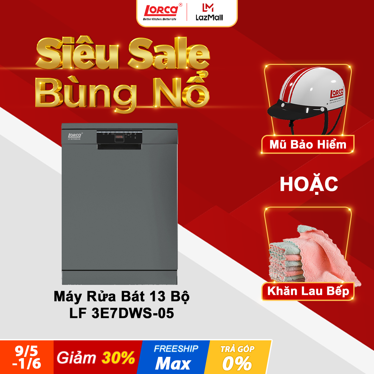 [TRẢ GÓP 0%] MÁY RỬA BÁT LORCA LF 3E7DWS-05, Khóa an toàn trẻ em Child Lock, Tính năng tự tắt điện khi cửa mở