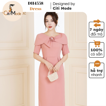 Đầm công sở CITI MODE FASHION thiết kế dáng  ôm hồng chờm vai cổ đính hoa DH4558