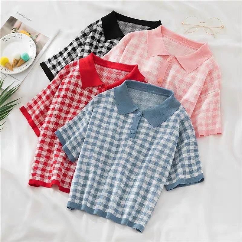Áo len cổ bẻ kẻ caro phong cách ulzzang Hàn Quốc