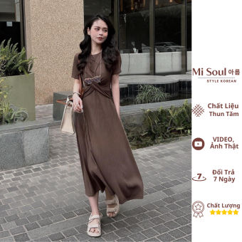 Đầm body dáng dài thun tăm Misoul, Váy xoắn eo cộc tay cổ tròn free size 162