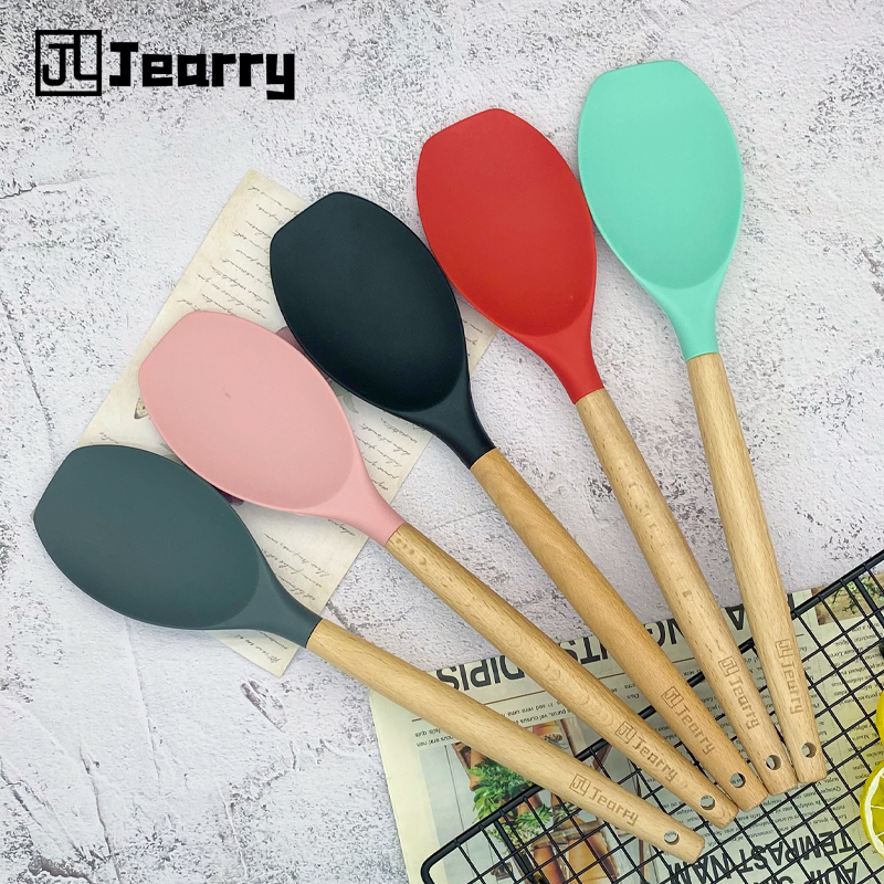 Gambar Jearry Wooden Handle Spatula Heat Resistant Food Grade Silicone Cooking Utensils