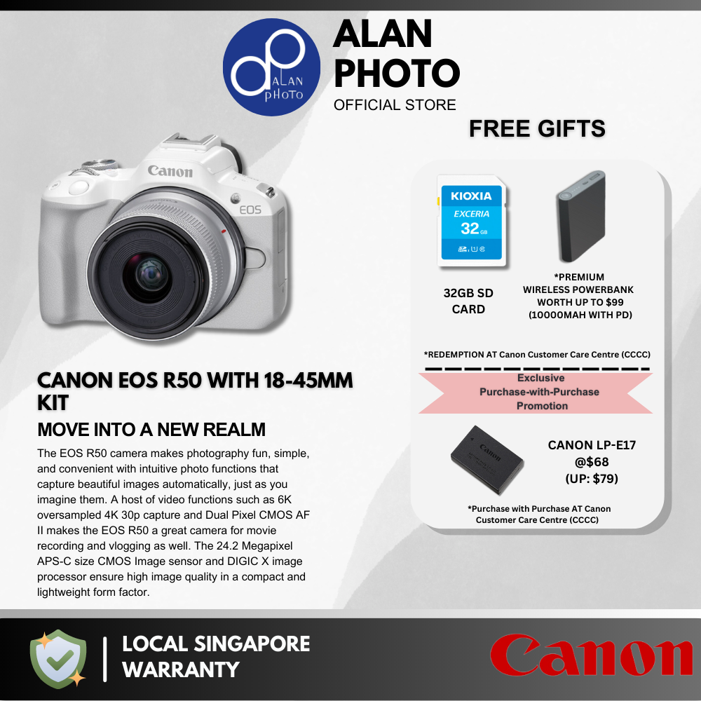 Canon EOS R50 r50 with RF-S 18-45mm F4.5-6.3 IS STM Lens | Canon Singapore Warranty