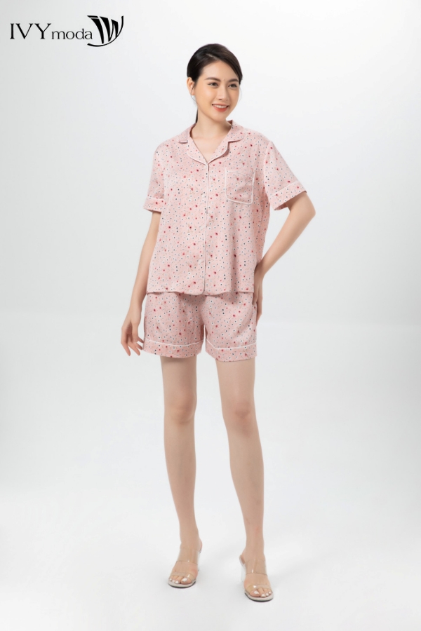 Bộ đồ ngủ pyjama lụa phối họa tiết ivy moda ms 16x1367