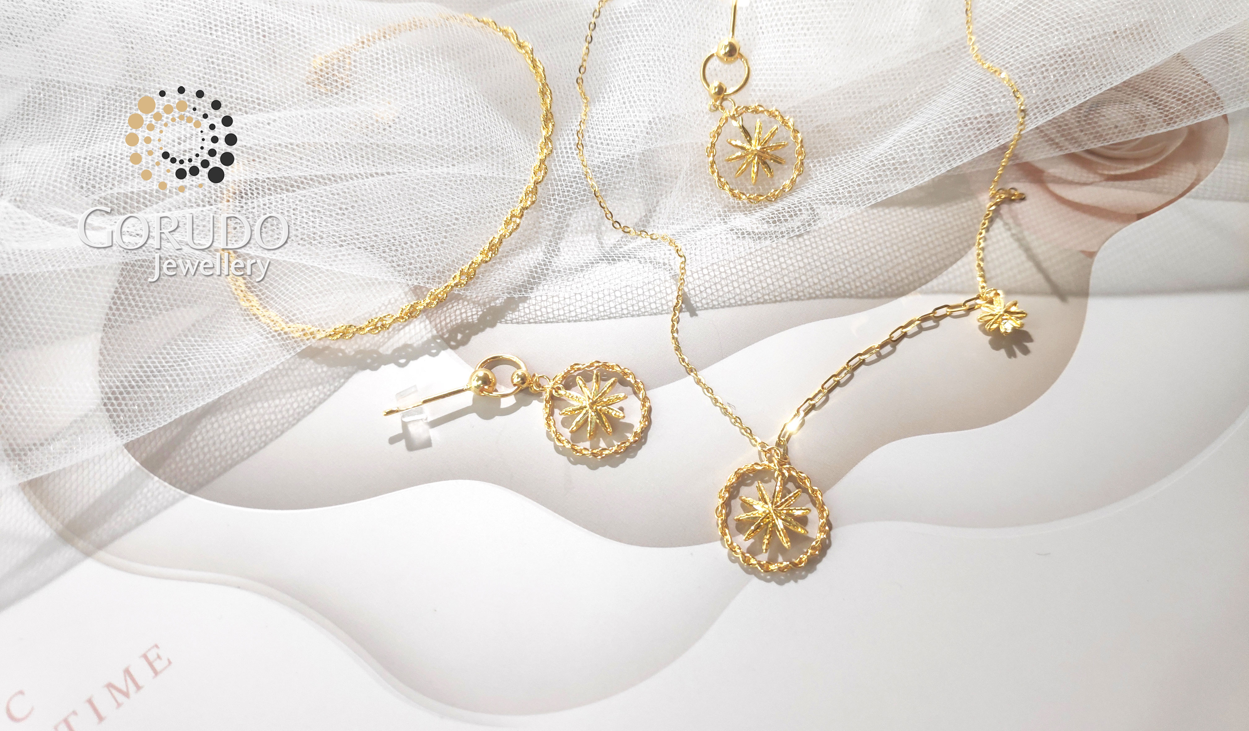 Gorudo Jewellery Pendente a stella scintillante in oro puro 999 con catena + bracciale + orecchino (set di gioielli)