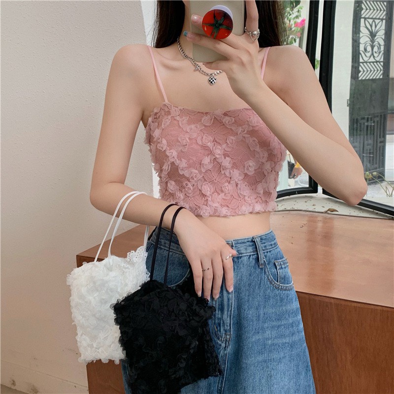 Áo Bra Nữ Ren Hoa Hồng Thêu Nổi 2 Dây Có Thun Bo Lưng Chun Giãn Hot