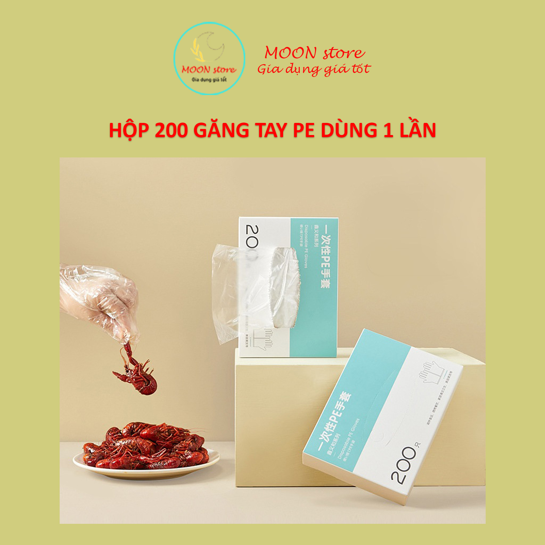 Hộp 200 Găng tay PE dùng 1 lần siêu dai dùng cho nấu ăn, ăn uống, làm bếp hợp vệ sinh, găng tay nilon nấu ăn
