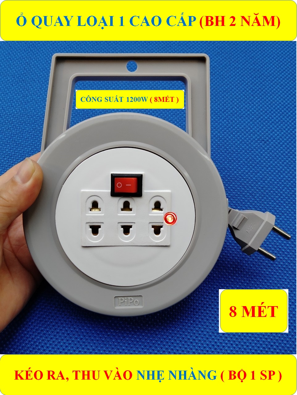 8 Mét Ổ cắm điện kéo dài, ổ tròn xoay 1200W cao cấp (BH 2 NĂM) + 1 công tắc + 3 ổ cắm + 1 Đèn LED báo ( bộ 1 sản phẩm )