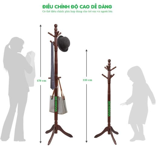 Cây Treo Quần Áo Vivudecor 100% Gỗ Tự Nhiên, Cây Treo Đồ GH 9 Nhánh Lắp Ráp Xuất Khẩu Hàn Quốc.