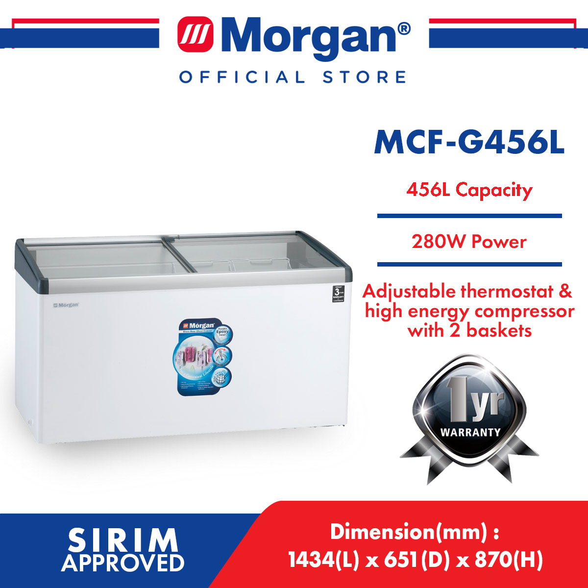MORGAN MCF-G456L SLIDING GLASS DOOR CHEST FREEZER 456L