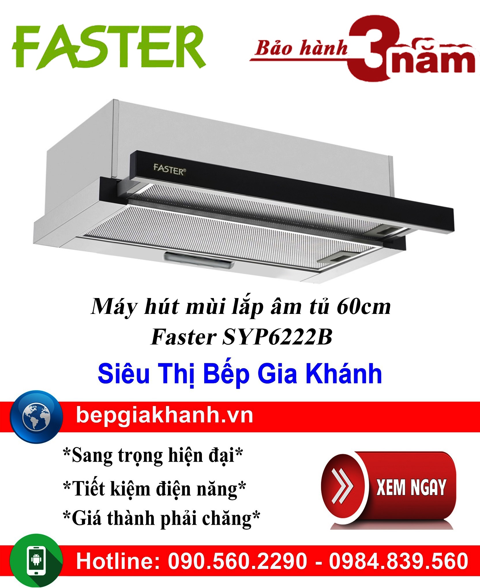 [HCM]Máy hút mùi âm tủ 60cm Faster SYP 6222B, máy hút mùi nhà bếp, máy hút mùi bếp, máy hút mùi kính