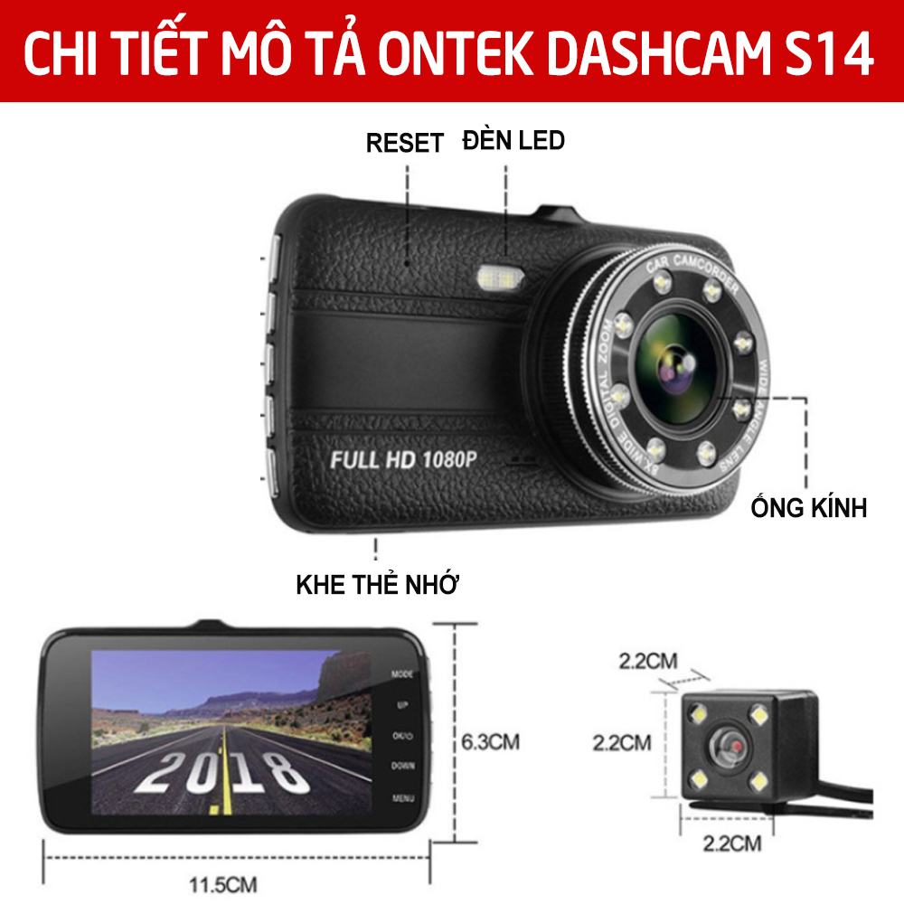 [full bộ] camera hành trình ô tô ontekco s14 full hd 1080p tích hợp 8 led camera hành trình camera  màn hình ips góc rộng 170 độ hai kênh trước và sau có đèn led tầm nhìn ban đêm