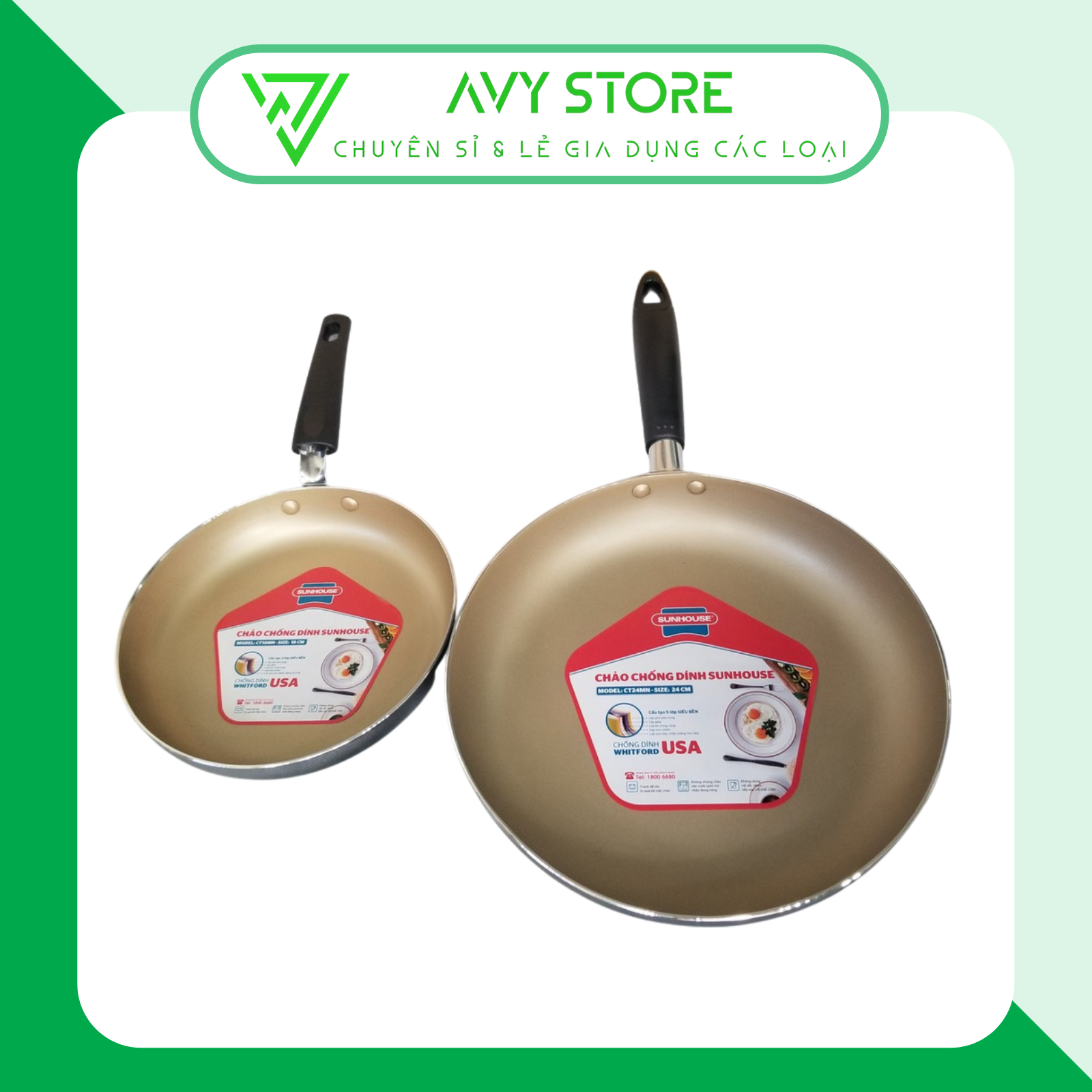 Cặp chảo chống dính sunhouse lòng vàng đáy 5 lớp size 18-24 cm hấp thụ nhiệt nhanh