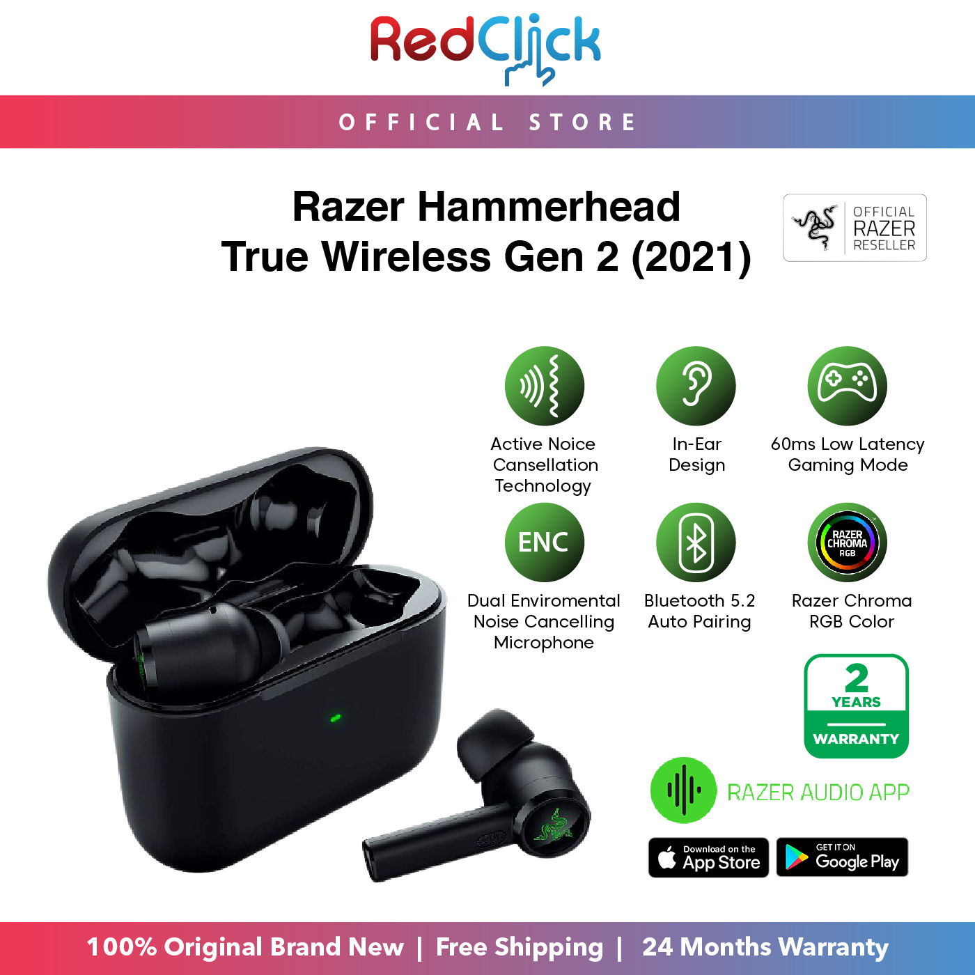 Razer Hammerhead True Wireless (2nd Gen) 2021 Razer Chroma RGB Light Effect Active Noise Cancellation 60ms Low Latency Gaming Earbuds