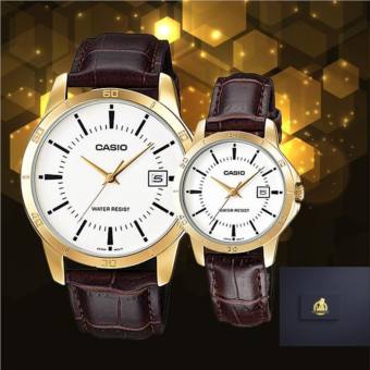 Đồng Hồ Đôi Cao Cấp Casio MTP-V004GL-7AUDF và LTP-V004GL-7AUDF Couple Dây Da Nâu Kính Khoáng, Size 41.5mm - 30mm Chống Nước