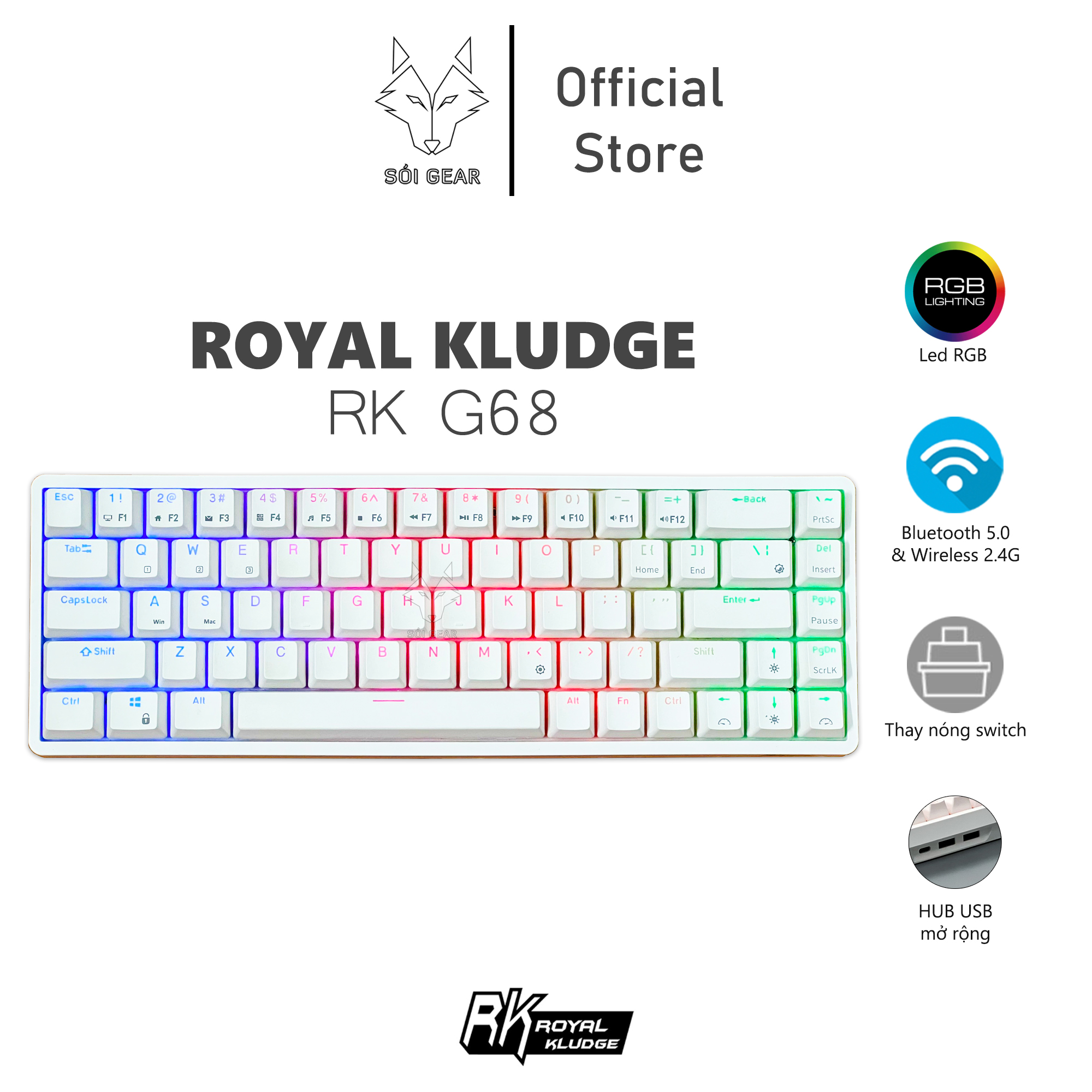 Bàn phím cơ không dây Royal Kludge RK G68 HOTSWAP, Led RGB, Type C, Bluetooth 5.0, Wireless 2.4G, Màu Đen & Màu Trắng