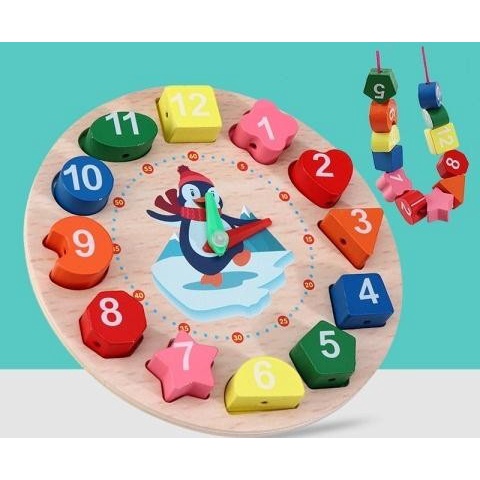 Đồ chơi gỗ đồng hồ chim cánh cụt luồn hạt cho bé