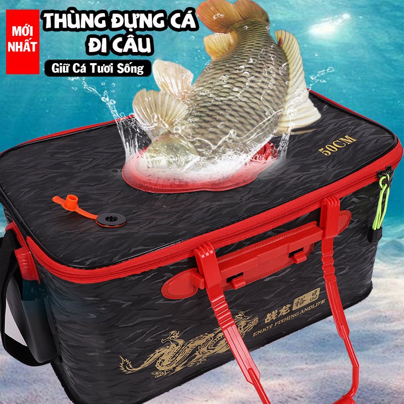 [Giảm Giá Sục Oxy 100k Cho 20 Khách Đầu] Thùng Đựng Cá LONG NGƯ đi câu 30cm 40 cm 50cm 55cm Kèm Sục Oxy đa năng cao cấp - Sanami Fishing , phụ kiện câu cá giỏ đựng cá rọng đựng cá hộp cá
