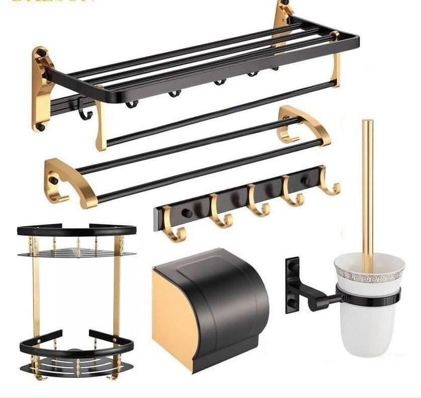 Bộ phụ kiện 6 món đen vàng , phụ kiện nhà vệ sinh đenvàng, phụ kiện đen vàng , kệ đồ phòng tắm đen vàng