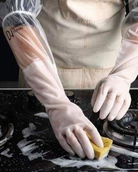 Găng tay cao su lót bông nỉ loại dài - Găng tay rửa bát làm bếp siêu dai