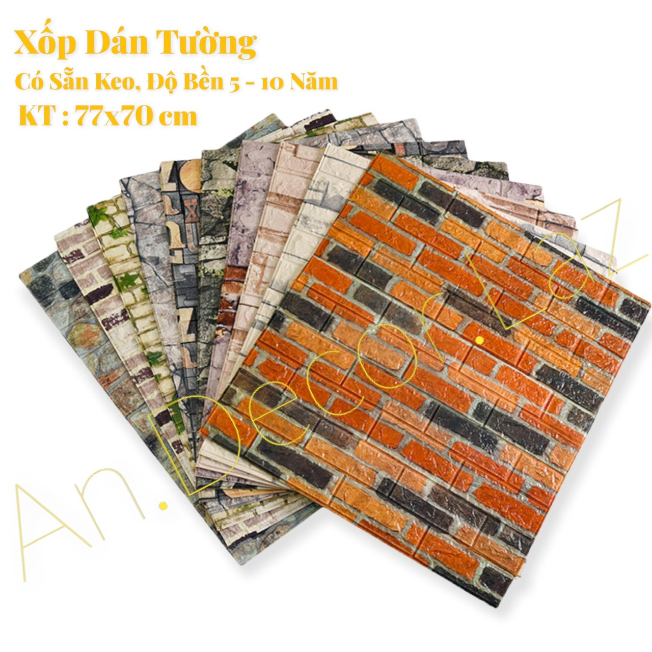 10 tấm xốp dán tường 3d giả gạch màu giả gạch cổ điển, kích thước lớn 70*77 cm, có sẵn keo mặt sau