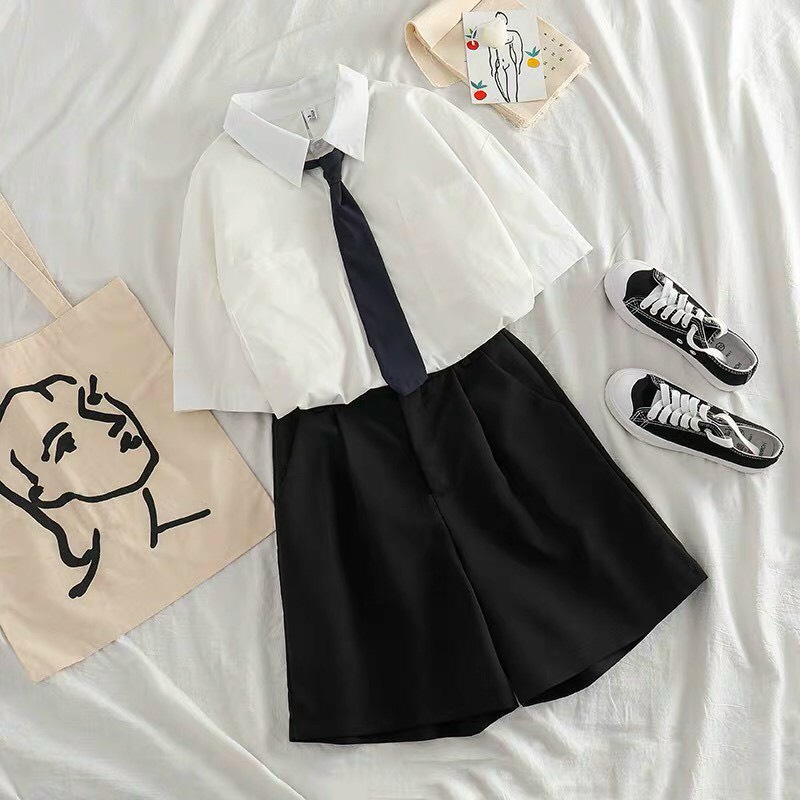Áo sơ mi nữ tay ngắn trơn kèm cavat cao cấp cực teen